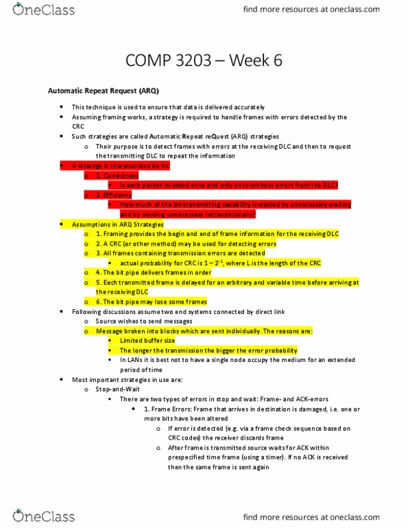 COMP 3203 Lecture Notes - Lecture 6: Automatic Repeat Request, Frame Check Sequence, Throughput thumbnail