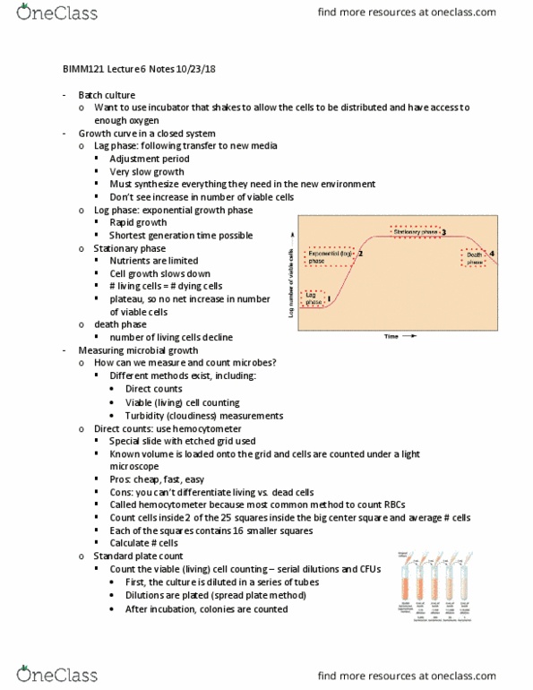 BIMM 121 Lecture Notes - Lecture 6: Hemocytometer, Exponential Growth, Turbidity thumbnail