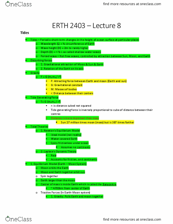 ERTH 2403 Lecture Notes - Lecture 8: Tractive Force, Tidal Acceleration, Wave Height thumbnail