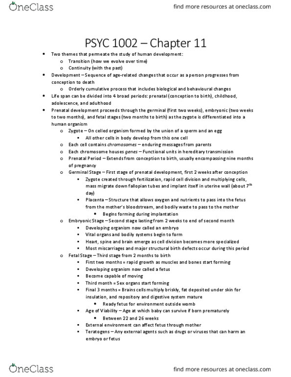 PSYC 1002 Chapter Notes - Chapter 11: Fallopian Tube, Prenatal Development, Emerging Adulthood And Early Adulthood thumbnail