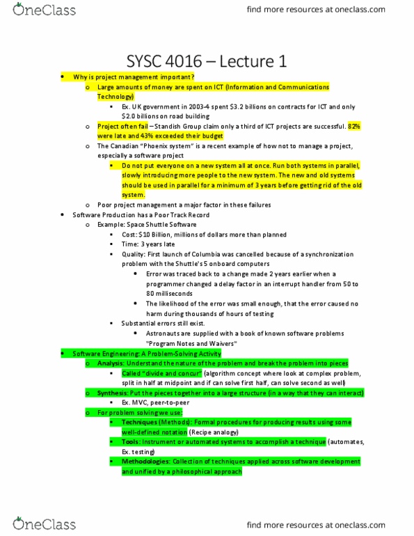 SYSC 4106 Lecture Notes - Lecture 1: Software Project Management, Interrupt Handler, Software Projects thumbnail