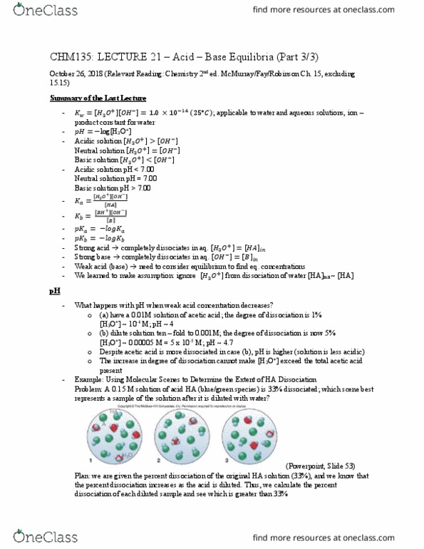 CHM135H1 Lecture Notes - Lecture 22: Acid Strength, Equilibrium Constant, Weak Base cover image