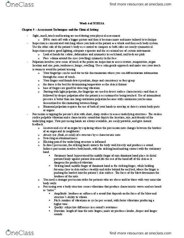 NSE 13A/B Lecture Notes - Lecture 4: Palpation, The Strokes, Mental Status Examination thumbnail