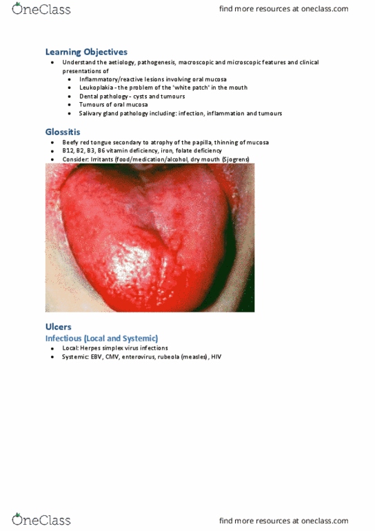 CAM202 Lecture Notes - Lecture 7: Folate Deficiency, Oral Mucosa, Tooth Pathology thumbnail