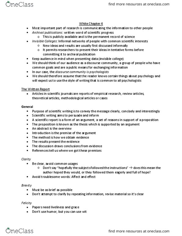 Psychology 2800E Chapter Notes - Chapter White 4: Scientific Writing, Microsoft Powerpoint, Times New Roman thumbnail