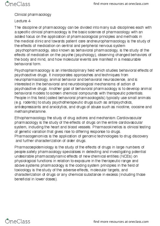 400981 Lecture Notes - Lecture 4: Clinical Pharmacology, Behavioral Neuroscience, Pharmacology thumbnail