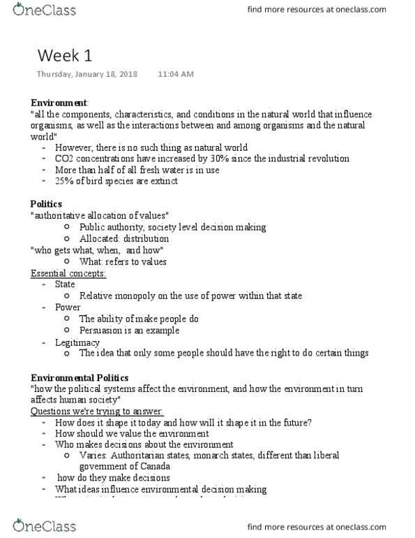 POL 203 Lecture Notes - Lecture 1: Industrial Revolution, Environment And Climate Change Canada, Environmental Quality thumbnail