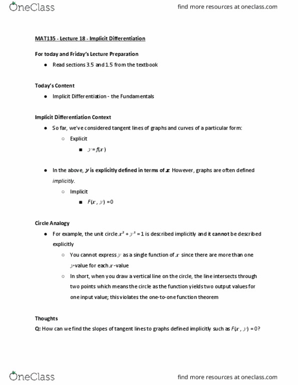 MAT135H1 Lecture Notes - Lecture 18: Implicit Function, Unit Circle cover image