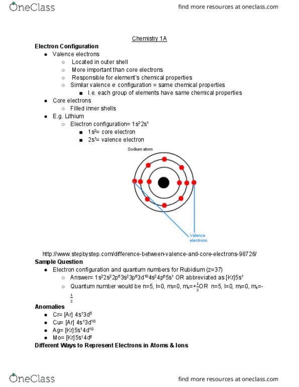 CHEM 1A Lecture Notes - Lecture 13: Electron Configuration, Valence Electron, Core Electron thumbnail