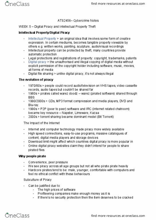 ATS2456 Lecture Notes - Lecture 5: Kazaa, Blu-Ray, Peer Pressure thumbnail