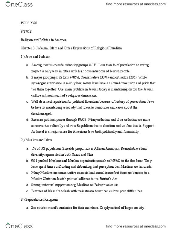 POLS 2370 Chapter Notes - Chapter 3: American Jews thumbnail