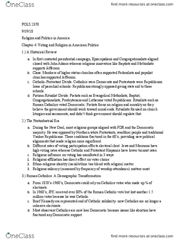 POLS 2370 Chapter Notes - Chapter 4: Pietism, Christian Right, Mainline Protestant thumbnail