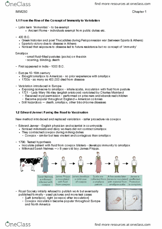 IMM250H1 Chapter Notes - Chapter 1: Edward Jenner, Variolation, Cowpox thumbnail