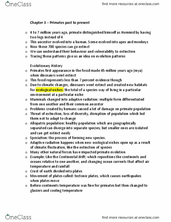 Anthropology 2265F/G Chapter Notes - Chapter 3: Continental Drift, Adaptive Radiation, Behavioral Ecology thumbnail