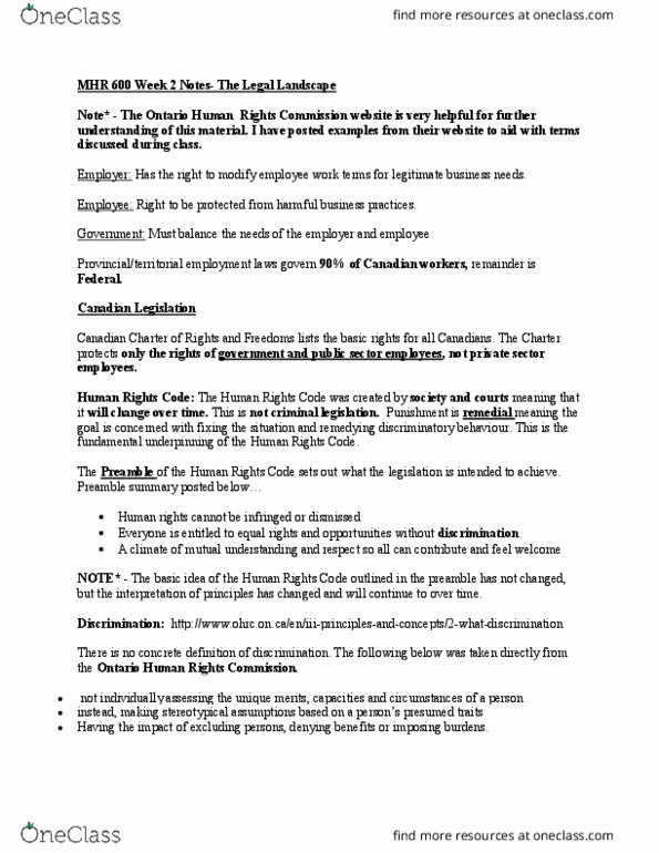 MHR 600 Lecture Notes - Lecture 2: Ontario Human Rights Commission, Canadian Human Rights Commission, Visible Minority thumbnail