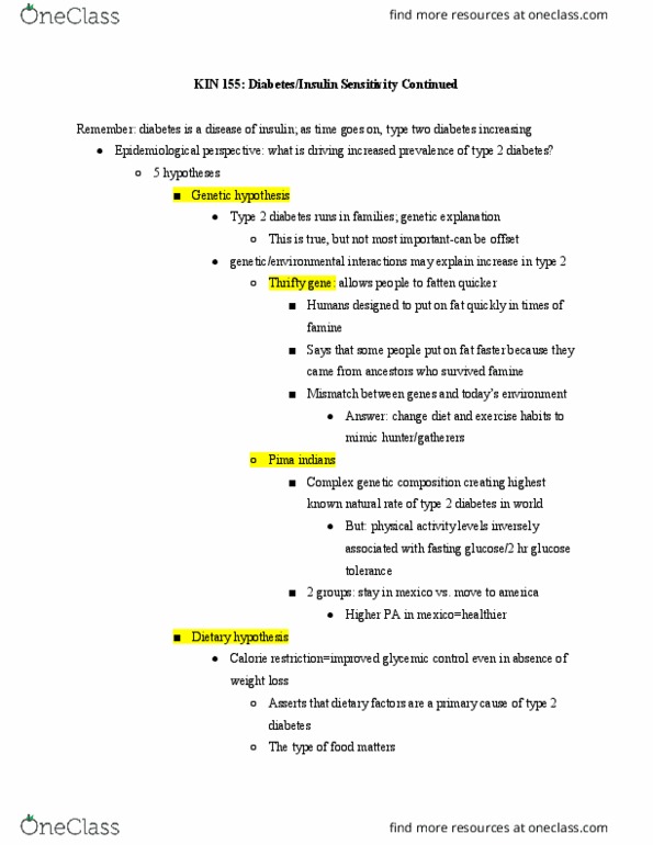 KIN 155 Lecture Notes - Lecture 15: Diabetes Mellitus Type 2, Impaired Glucose Tolerance, Calorie thumbnail