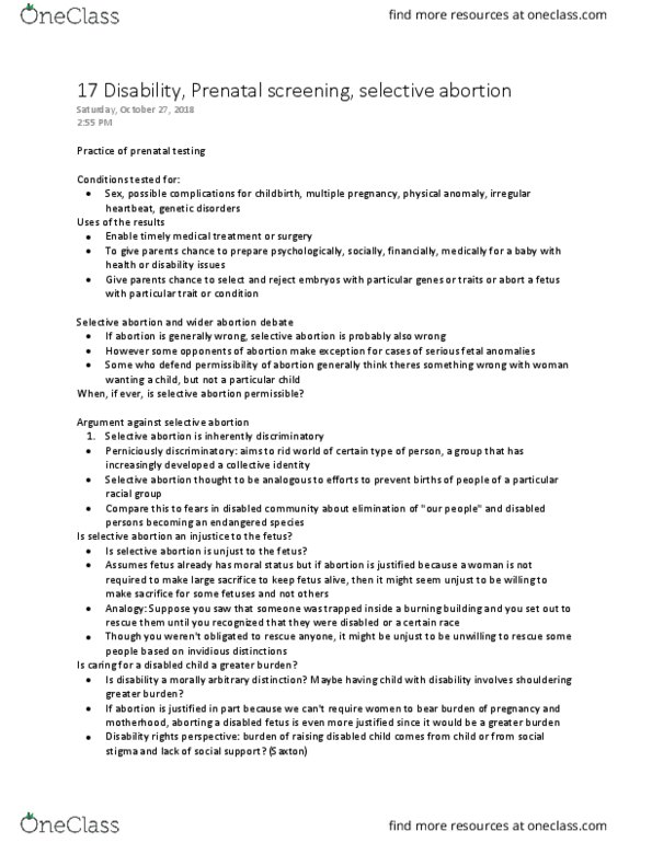 PHL281H1 Lecture Notes - Lecture 17: Prenatal Diagnosis, Abortion Debate, Cardiac Arrhythmia thumbnail