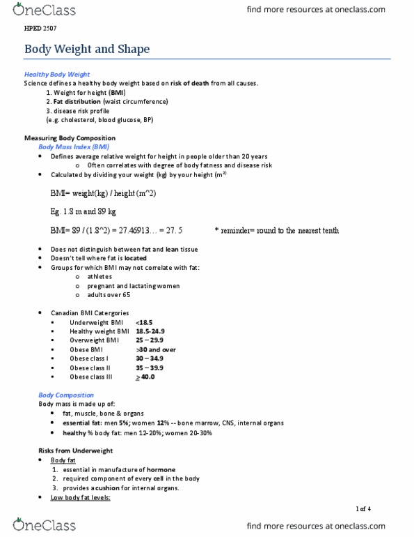 HPED 2507 Lecture Notes - Lecture 14: Body Mass Index, Underweight, Blood Sugar thumbnail