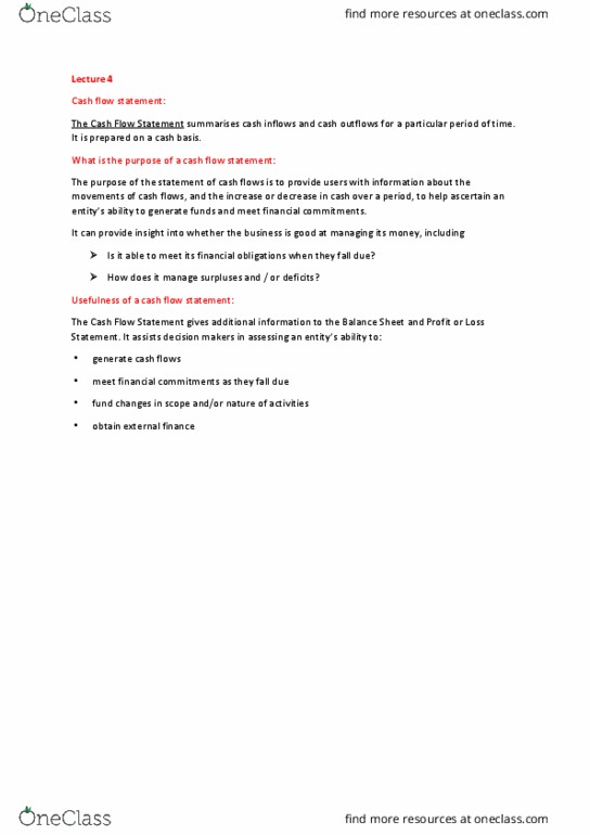 ACC10007 Lecture Notes - Lecture 4: Cash Flow Statement, Cash Flow, Financial Statement thumbnail