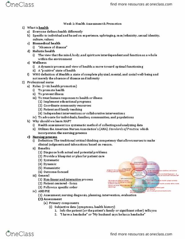 NURSE-UN 239 Lecture Notes - Lecture 1: Nursing Diagnosis, Nursing Process, Health Assessment thumbnail