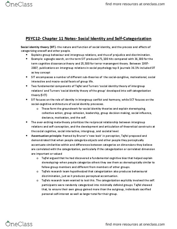 PSYC12H3 Chapter Notes - Chapter 11: Cognitive Dissonance, Henri Tajfel, Metatheory thumbnail