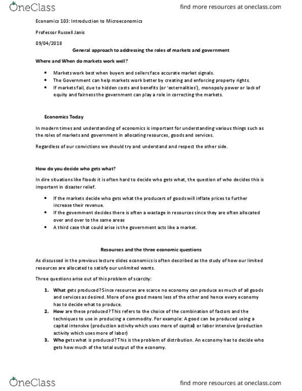 ECON 103 Lecture Notes - Lecture 2: Opportunity Cost cover image