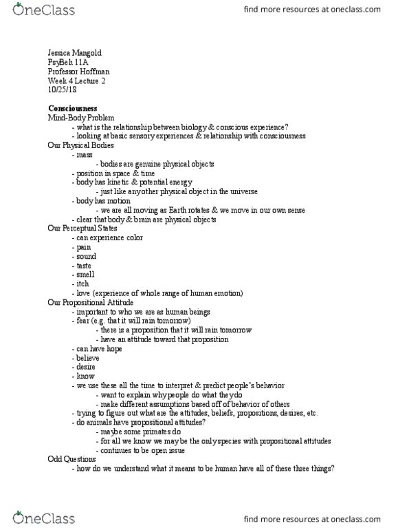 PSY BEH 11A Lecture Notes - Lecture 8: Behaviorism, Pineal Gland, Francis Crick thumbnail