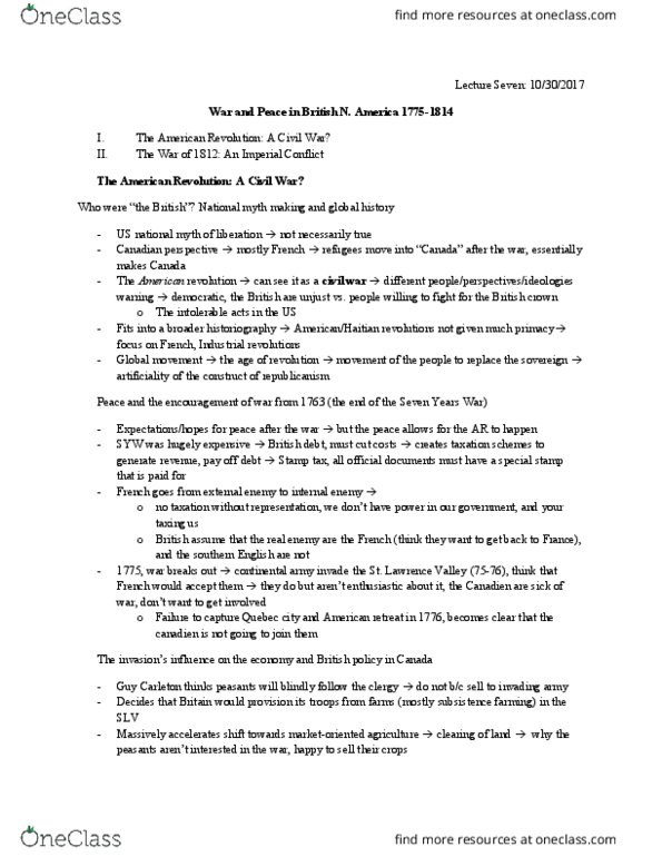 HIS263Y5 Lecture Notes - Lecture 7: National Myth, Intolerable Acts, Quebec Act thumbnail