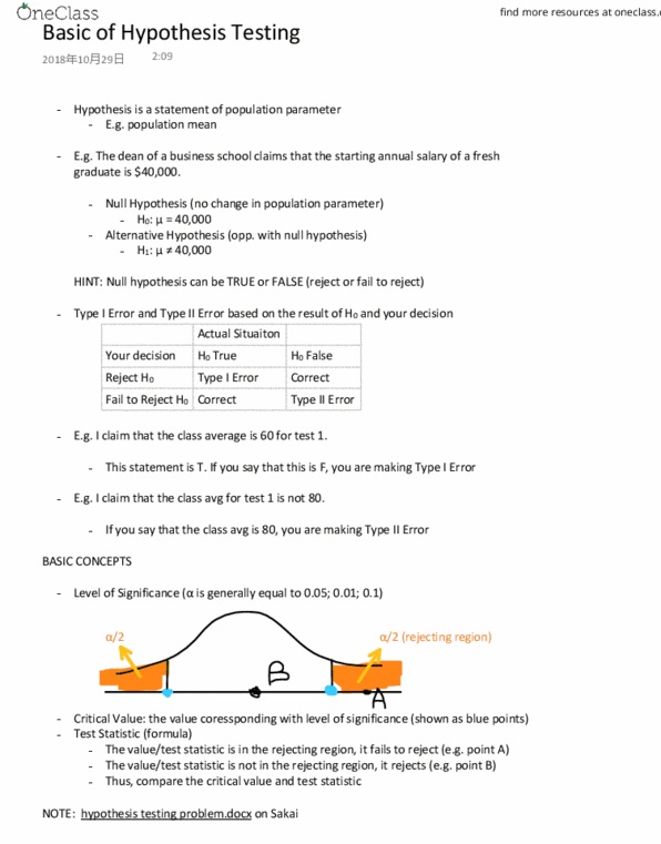 MATH 1P98 Lecture Notes - Lecture 22: Type I And Type Ii Errors, Null Hypothesis, Statistical Hypothesis Testing cover image