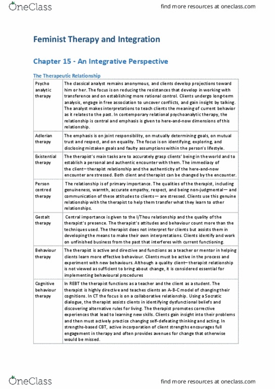 PSY3120 Chapter Notes - Chapter 15: Therapeutic Relationship, Socratic Dialogue, Egalitarianism thumbnail