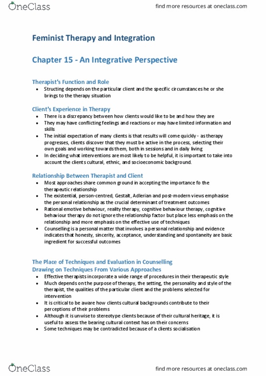 PSY3120 Chapter Notes - Chapter 15: Cognitive Behavioral Therapy, Therapeutic Relationship, Ethology thumbnail