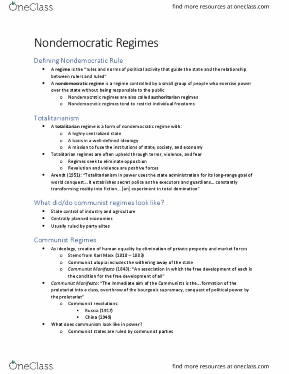 GVPT 280 Lecture Notes - Lecture 14: The Communist Manifesto, Communist Society, Totalitarianism thumbnail