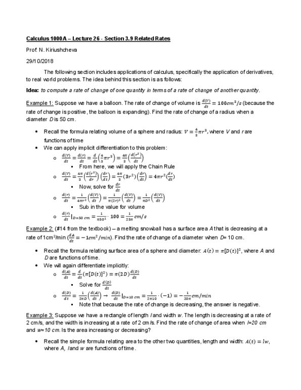Calculus 1000A/B Lecture 26: Calculus 1000 A -Lecture 26- Section 3.9- Related Rates cover image