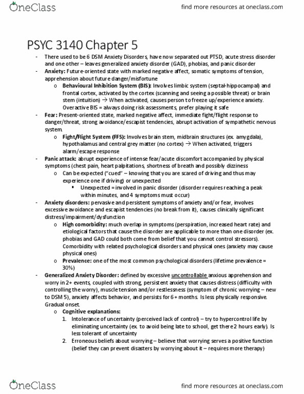 PSYC 3140 Chapter Notes - Chapter 5: Generalized Anxiety Disorder, Acute Stress Reaction, Separation Anxiety Disorder thumbnail