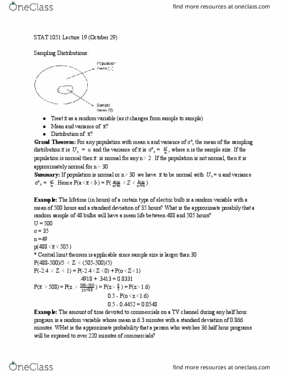 STAT 1051 Lecture Notes - Lecture 19: Central Limit Theorem, Standard Deviation, Sampling Distribution cover image