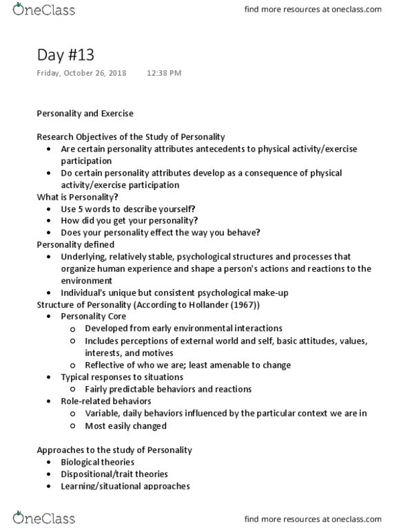 Kinesiology 2276F/G Lecture Notes - Lecture 13: 16Pf Questionnaire, Big Five Personality Traits, Neuroticism thumbnail