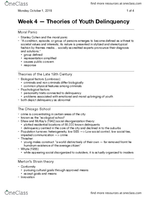 Sociology 2267A/B Lecture Notes - Lecture 4: Social Disorganization Theory, Moral Panic, Travis Hirschi thumbnail