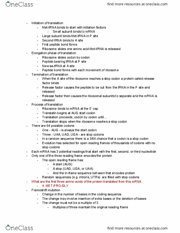 BIOLOGY 151 Lecture Notes - Lecture 21: Open Reading Frame, Start Codon, Frameshift Mutation thumbnail