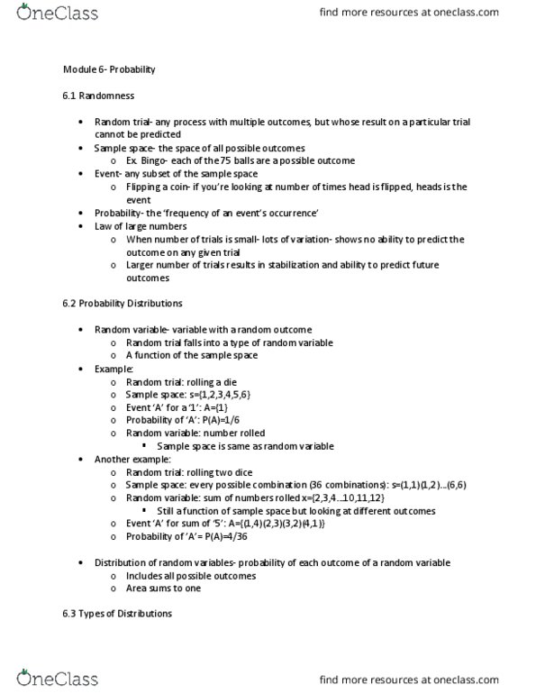 PSYC 202 Lecture Notes - Lecture 6: Sample Space, Random Variable, Probability Distribution thumbnail