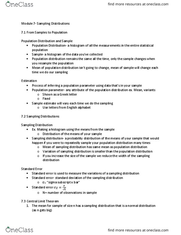 PSYC 202 Lecture Notes - Lecture 7: Central Limit Theorem, Normal Distribution, Statistical Population thumbnail