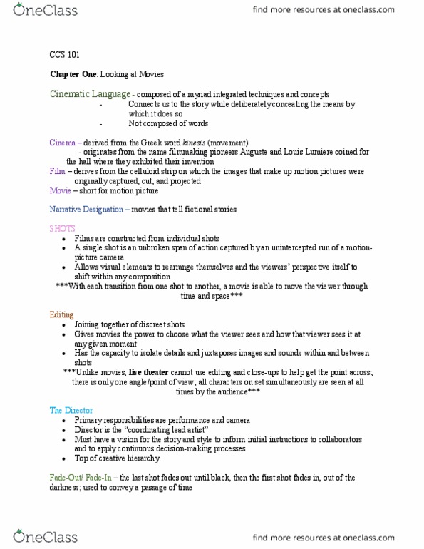 CCS 101 Lecture Notes - Lecture 1: Celluloid, A Single Shot, In Camera thumbnail