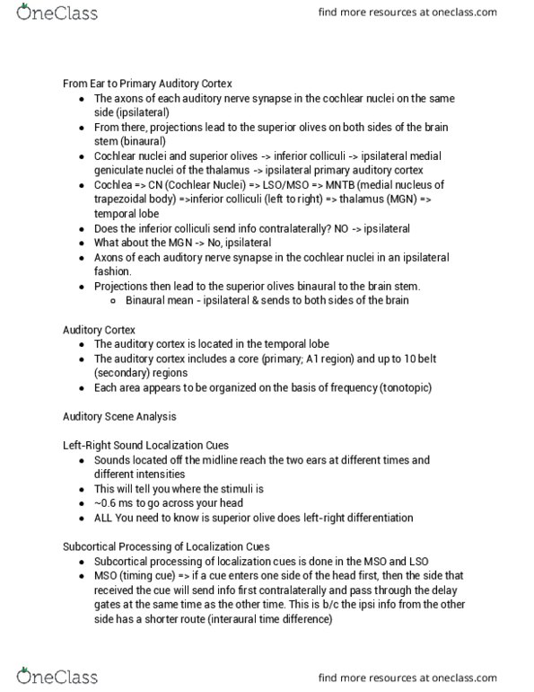 BCS 110 Lecture Notes - Lecture 14: Auditory Cortex, Auditory Scene Analysis, Cochlear Nucleus thumbnail