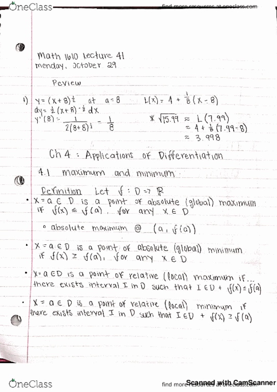 MATH 1610 Lecture 41: Applications of Differentiation: Maximum and Minimum, The Extreme Values Theorem, Critical Points, Fermat Theorem cover image