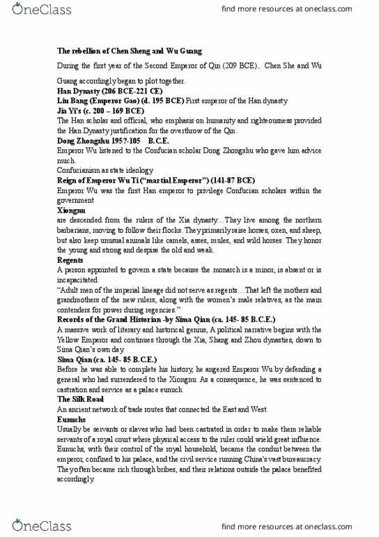 History 1601E Lecture Notes - Lecture 2: Emperor Gaozu Of Han, Sima Qian, Dong Zhongshu thumbnail