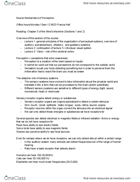 GE CLST 73A Lecture Notes - Lecture 5: Taste Receptor, Sensory Cortex, Cerebral Cortex thumbnail