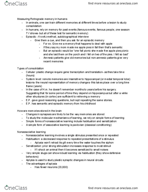 GE CLST 73B Lecture Notes - Lecture 4: Temporal Lobe, Aplysia, Episodic Memory thumbnail