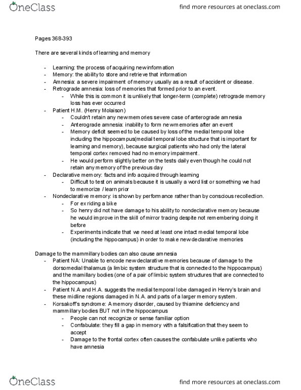 GE CLST 73B Chapter Notes - Chapter 13: Temporal Lobe, Anterograde Amnesia, Mammillary Body thumbnail