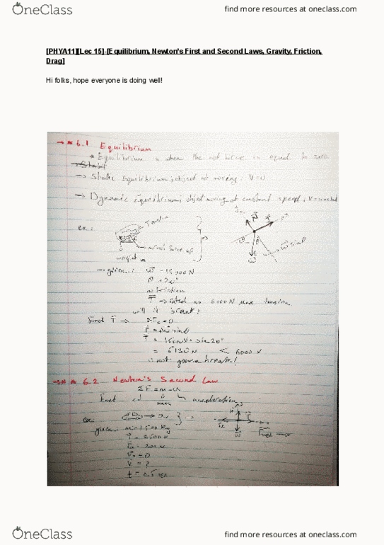 PHYA11H3 Lecture 15: [PHYA11][Lec 15]-[Equilibrium, Newton’s First and Second Laws, Gravity, Friction, Drag] cover image