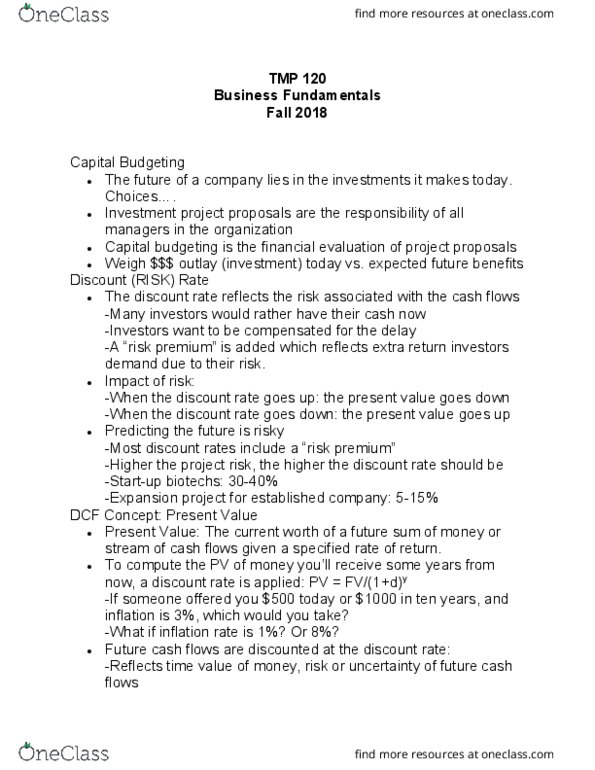 TMP 120 Lecture Notes - Lecture 19: Risk Premium, Capital Budgeting, Interest Rate thumbnail
