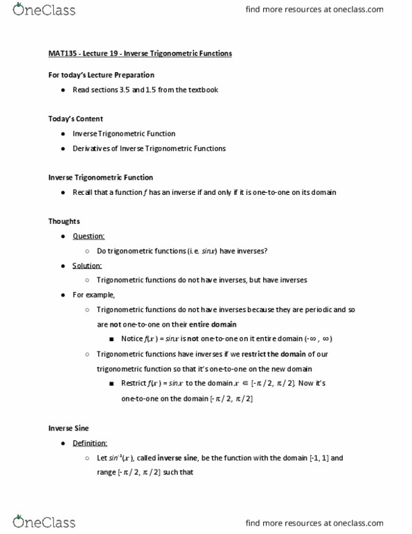 MAT135H1 Lecture Notes - Lecture 19: Minute And Second Of Arc, Inverse Trigonometric Functions cover image
